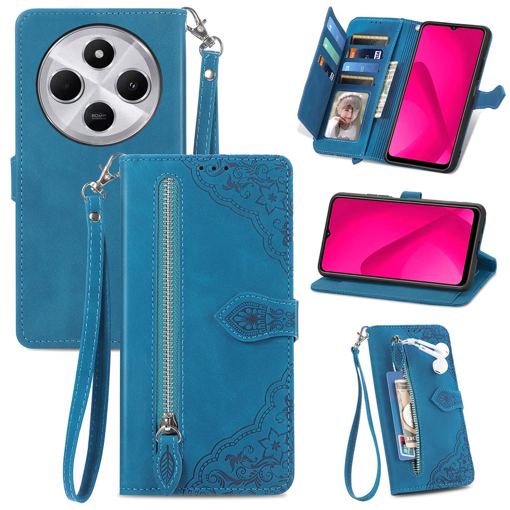 Zipper Wallet Case For Xiaomi Redmi 14C 4G/14R 5G/Poco C75 4G Flower Imprint PU Leather Phone Cover with Strap