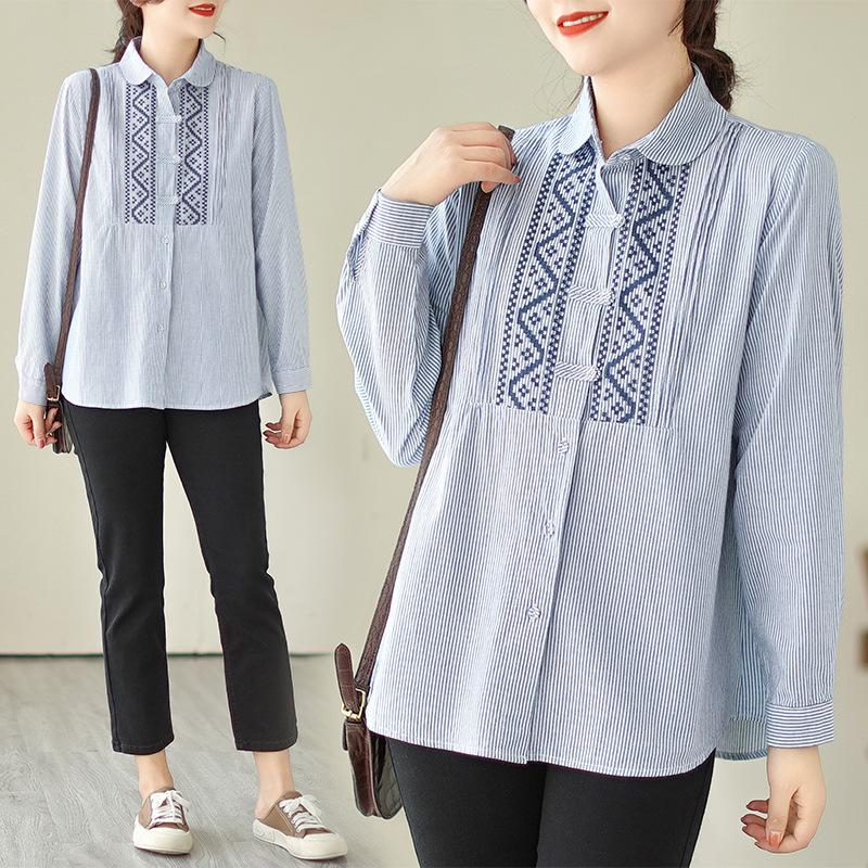 Autumn Commuting Ethnic Style Embroidery Design Sense Niche Button Slimming Striped Long Sleeved Shirt for Women Blouses & Shirts