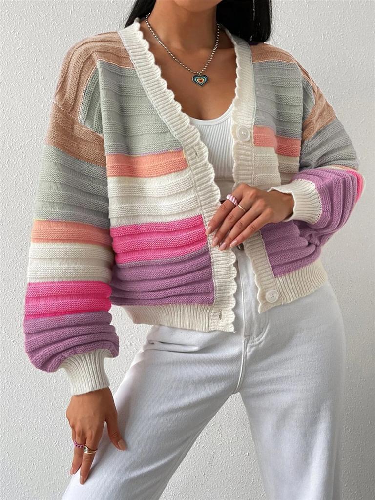 Regenbogenfarbener Strickmantel mit Laternenärmeln für Damen, Oversize-Pullover, Freizeitkleidung, trendig