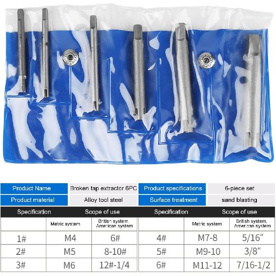 Tap Extractor 3/4 Flute Broken Head Screw Remover Stripped Tap Extractor Set Steel 3 Types 6 Pcs