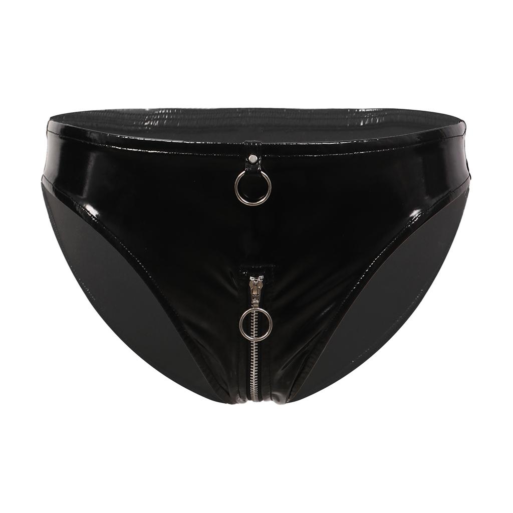 Womens Patent Leather Briefs O-Ring Zipper Crotch Low Waist Stage Costume