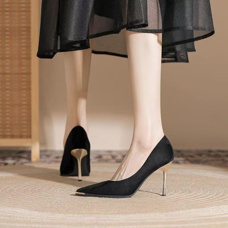 Fashion Women's Thin Heel Shoes Autumn New Metal Pointed Shallow Mouth Anti-slip Wear-resistant High Heels