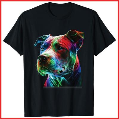 Colorful Pitbull Dog Graphic Art Black Cotton T-Shirt S-5XL