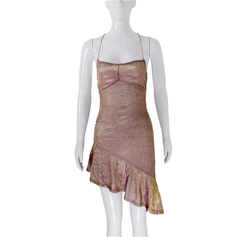 

Bright silk suspender strap dress female, sexy backless European and American style slim-fitting colorful lace-up diagonal evening dress dress S