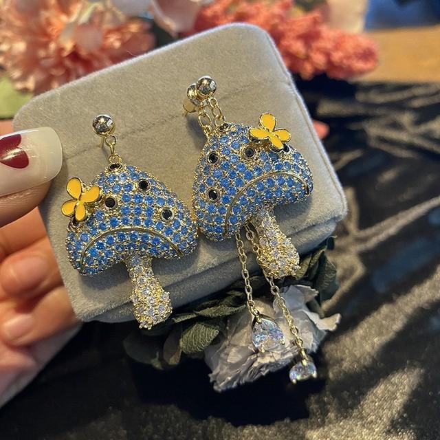 

Серьги-капли из серебра 925 пробы с милыми грибами и цветочными кисточками для женщин, красочные висячие серьги с кубическим цирконием синий