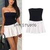 Women's Spring Clothing French Style Sexy Word Collar Sexy Contrast Color Stitching Pleated Silm High Waist A- Line Dress