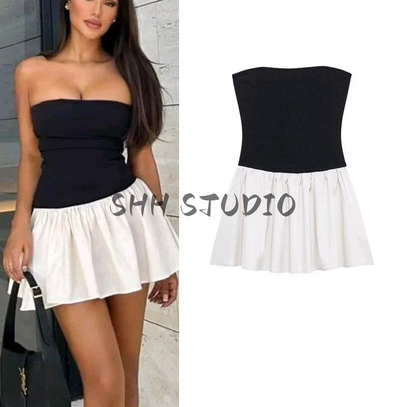 Women's Spring Clothing French Style Sexy Word Collar Sexy Contrast Color Stitching Pleated Silm High Waist A- Line Dress