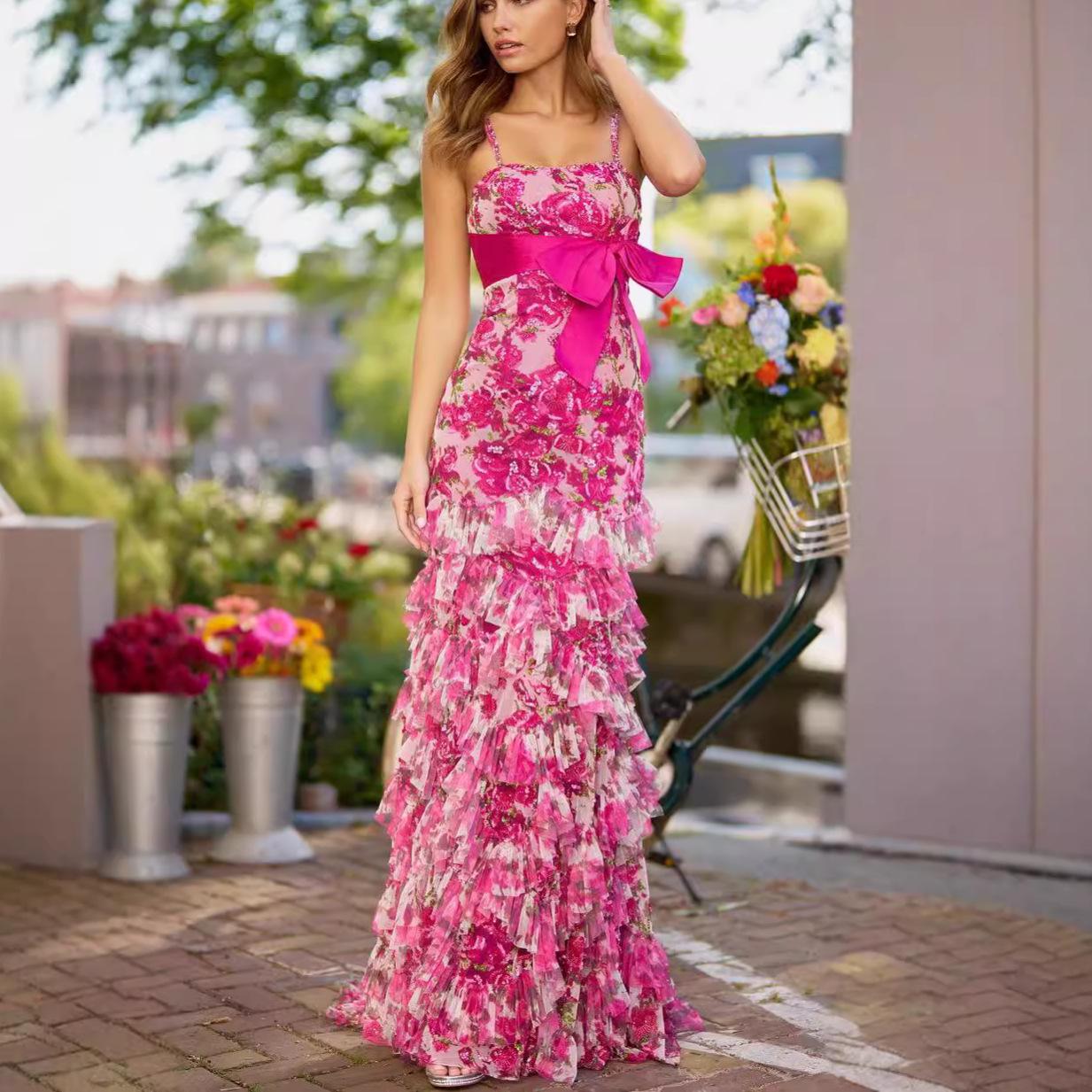

European & American Women s Backless Bow Pleated Dress - Sexy Sling Design, Printed Pattern M рожевий