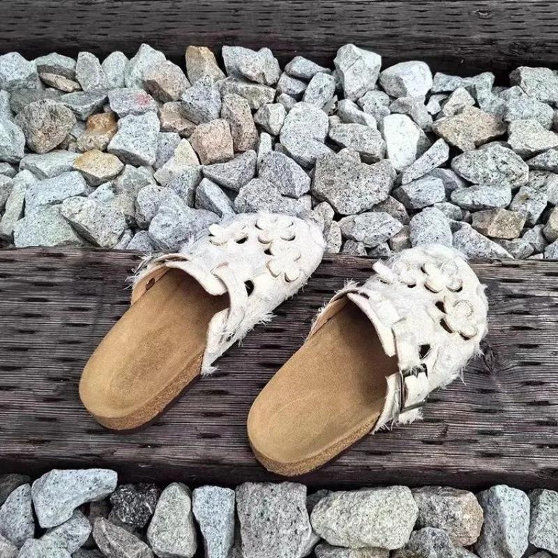 Fashion 2025 Spring Fashion Buckled Decorated Toe-cap Suede Slippers Closed Toe Solid Color Low Heel Novelty Women's Mules Large Size
