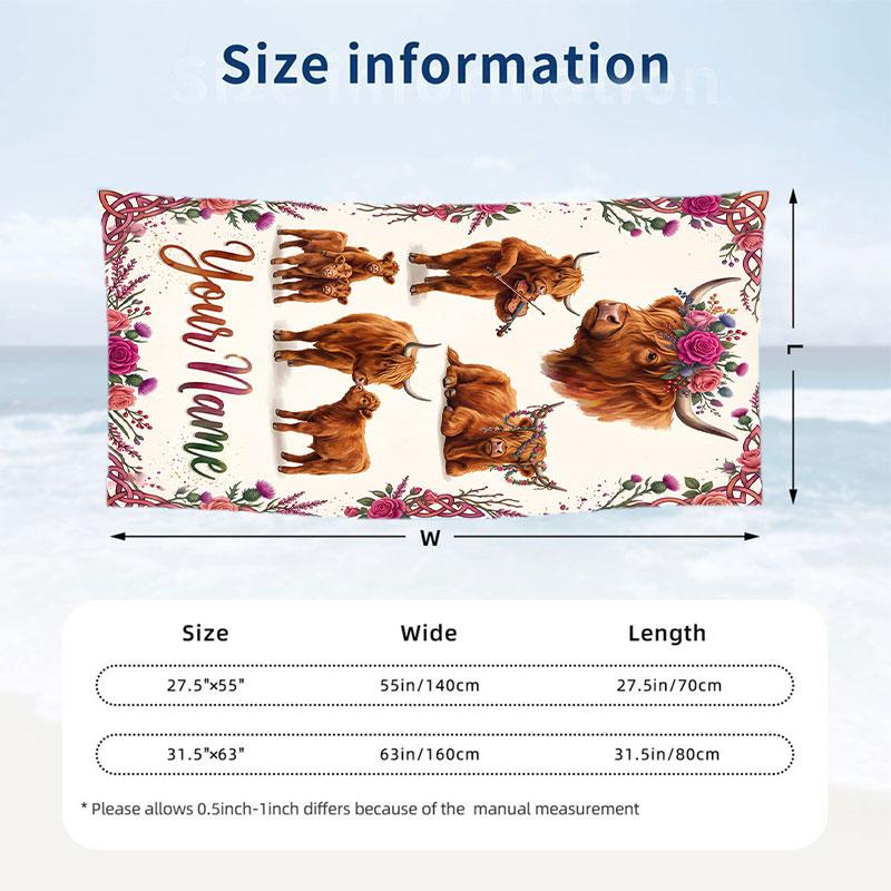 Cow Highland Theme Beach Towel Personalized Custom Name & Text Soft Quick Dry Beach Towel for Swimming Travel