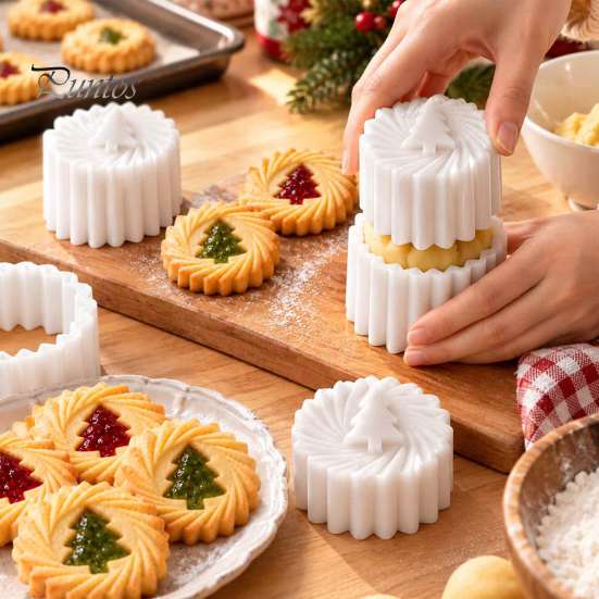 Baking Gadgets for Pastries Double-Sided Mooncake Press Mold, 2-in-1 Plastic Pastry Stamp, Christmas Easy Clean Mold Tree Design Decorative