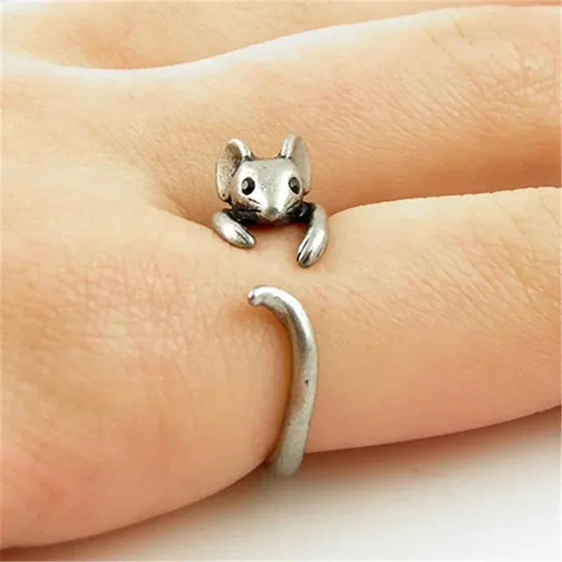 Cute Mouse Shape Open Ring for Women Antique Silver Color Modern Fashion Girls Finger Accessories Hip Hop Party Jewelry