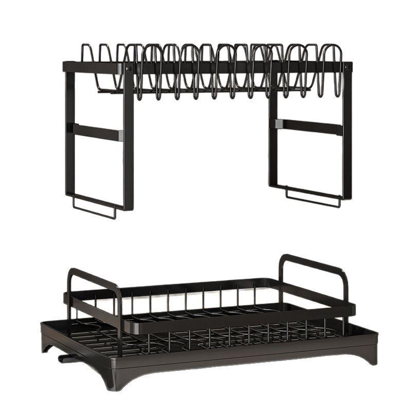 Compact 2-Tier Dish Drying Rack Kitchen Counter Carbon Steel Drain Bowls Plates Cups Modern Minimalist