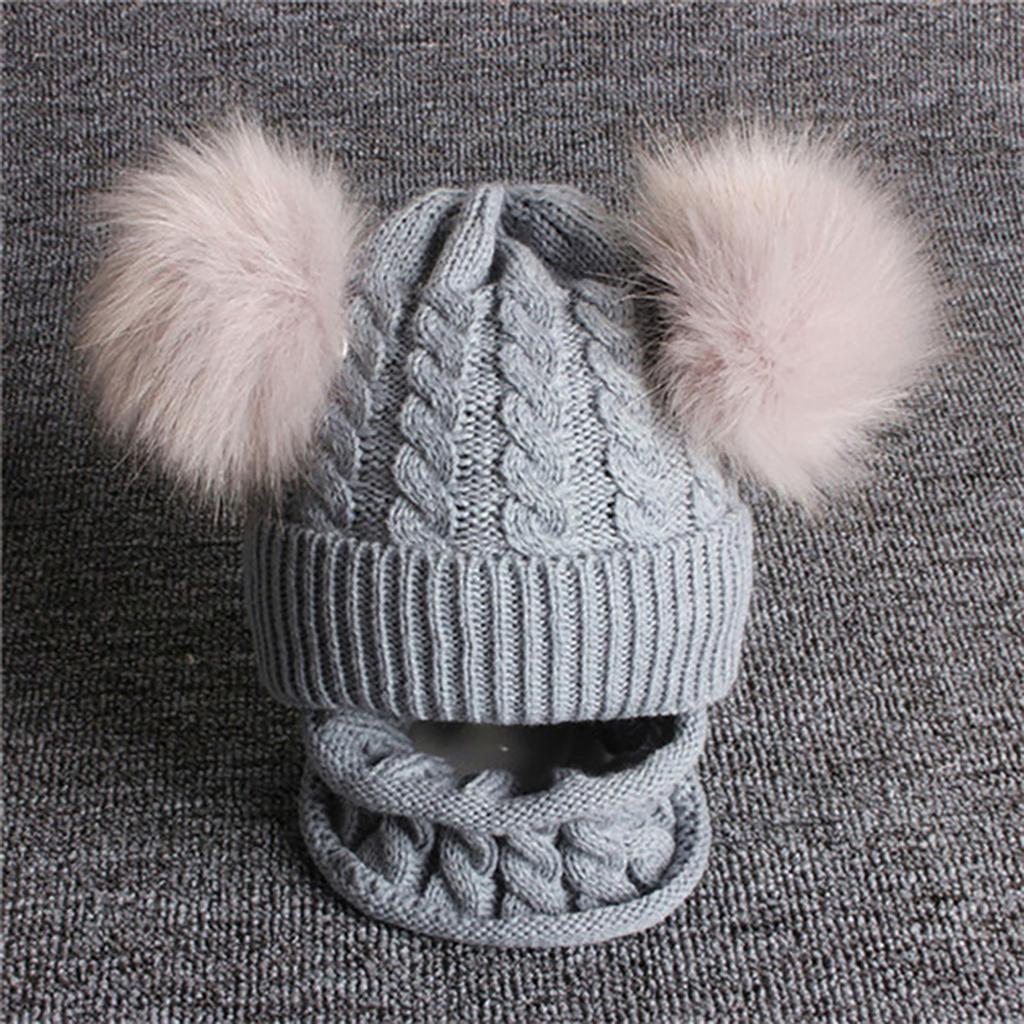 Children Beanie Pompom Neck Knitted Warm Hat Winter Scarf Set