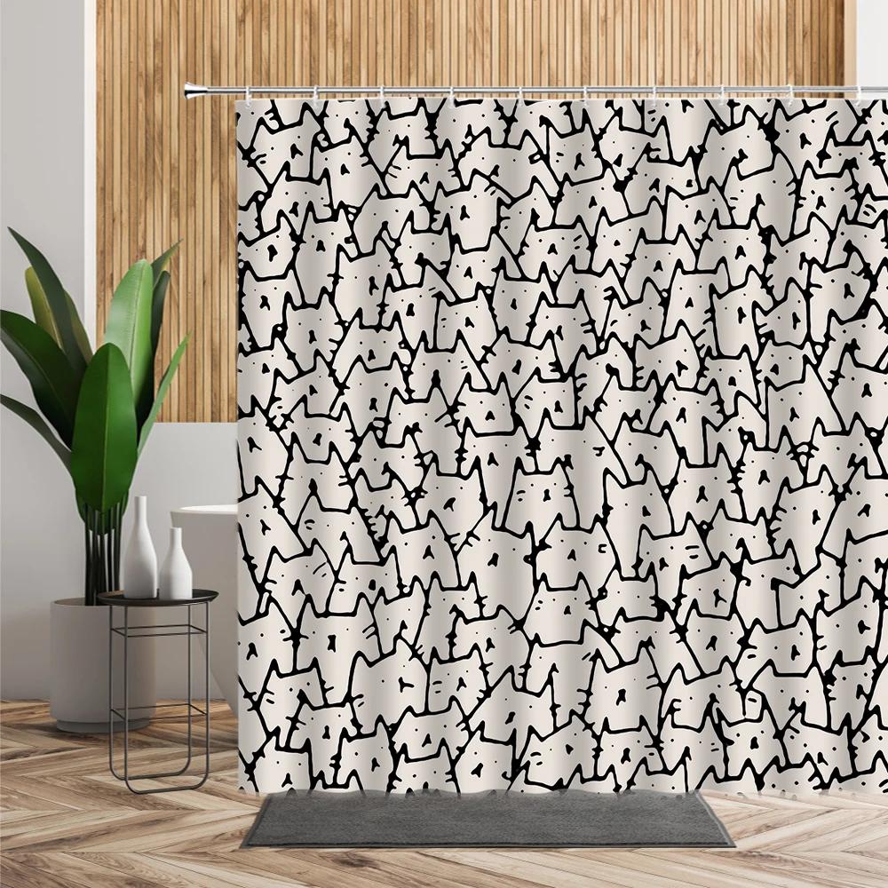 3D Cartoons Black White Cat Bathroom Waterproof Shower Curtain Simple Footprint Bathroom Curtains for Bathtub Screen with Hooks