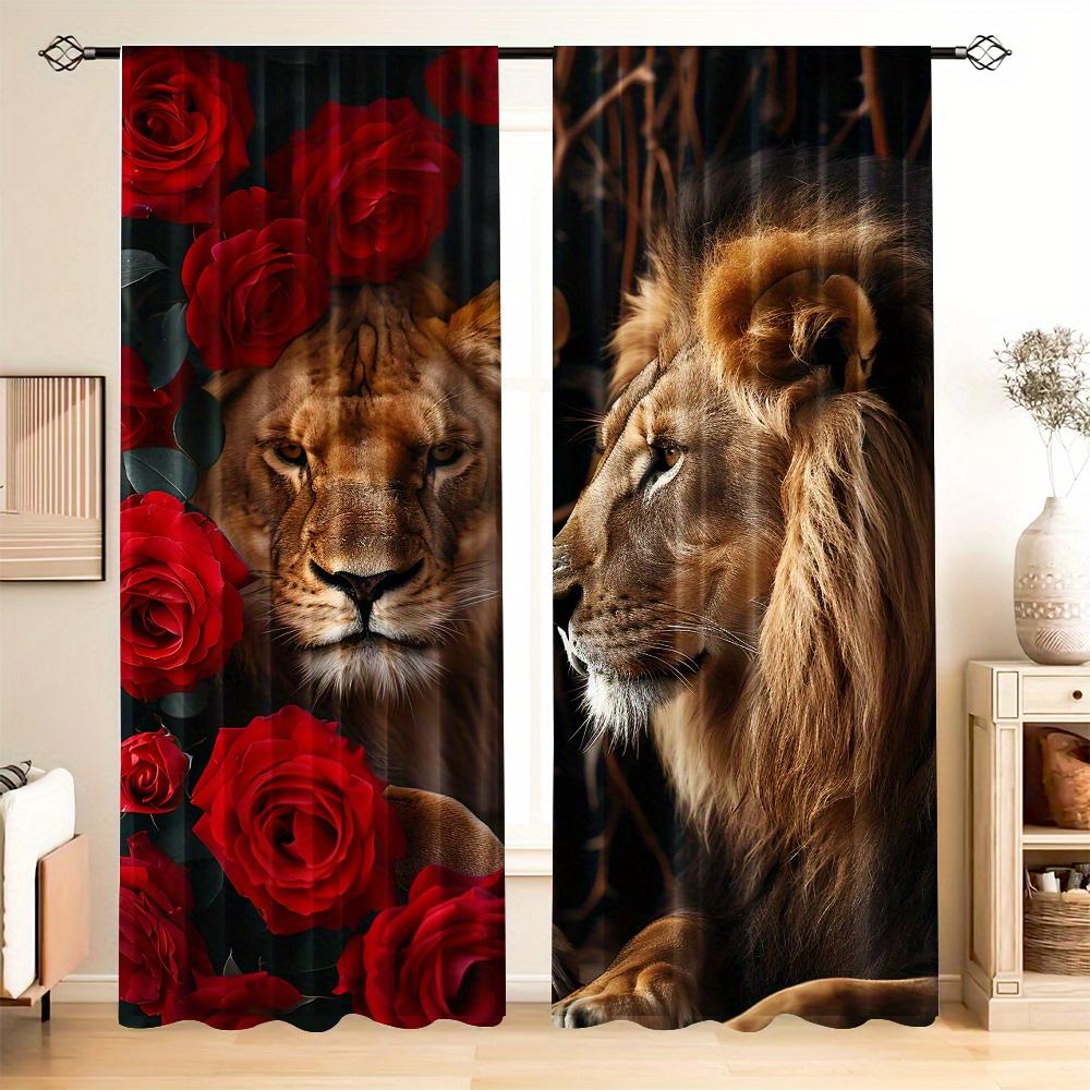 2 Stück Löwen Vorhänge Afrikanische Wildtiere Tier Fenster Vorhänge Grasland König des Dschungels Baum Fenster Vorhänge für Schlafzimmer Wohnzimmer