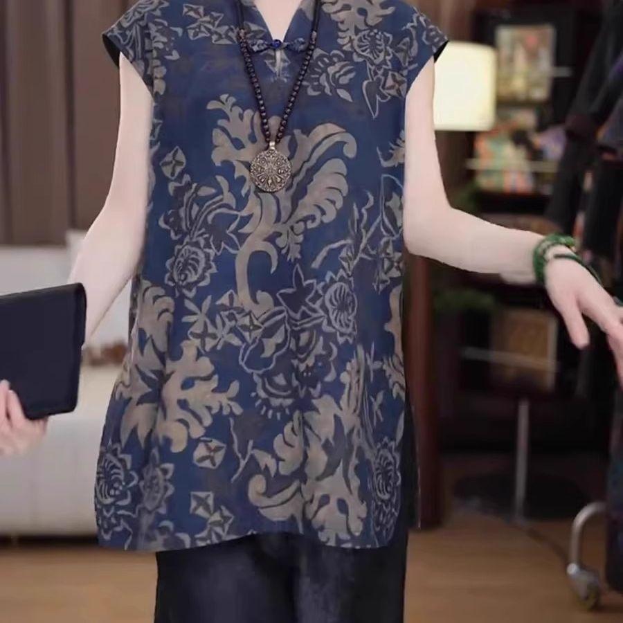 

Женская верхняя рубашка с коротким рукавом, женская летняя с принтом Мама , улучшенный ципао 2XL [Recommended 125-69kg]