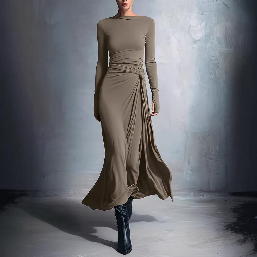 2025 Women's Autumn/Winter Solid Color Long Sleeve Wrap Dress with Knot Detail