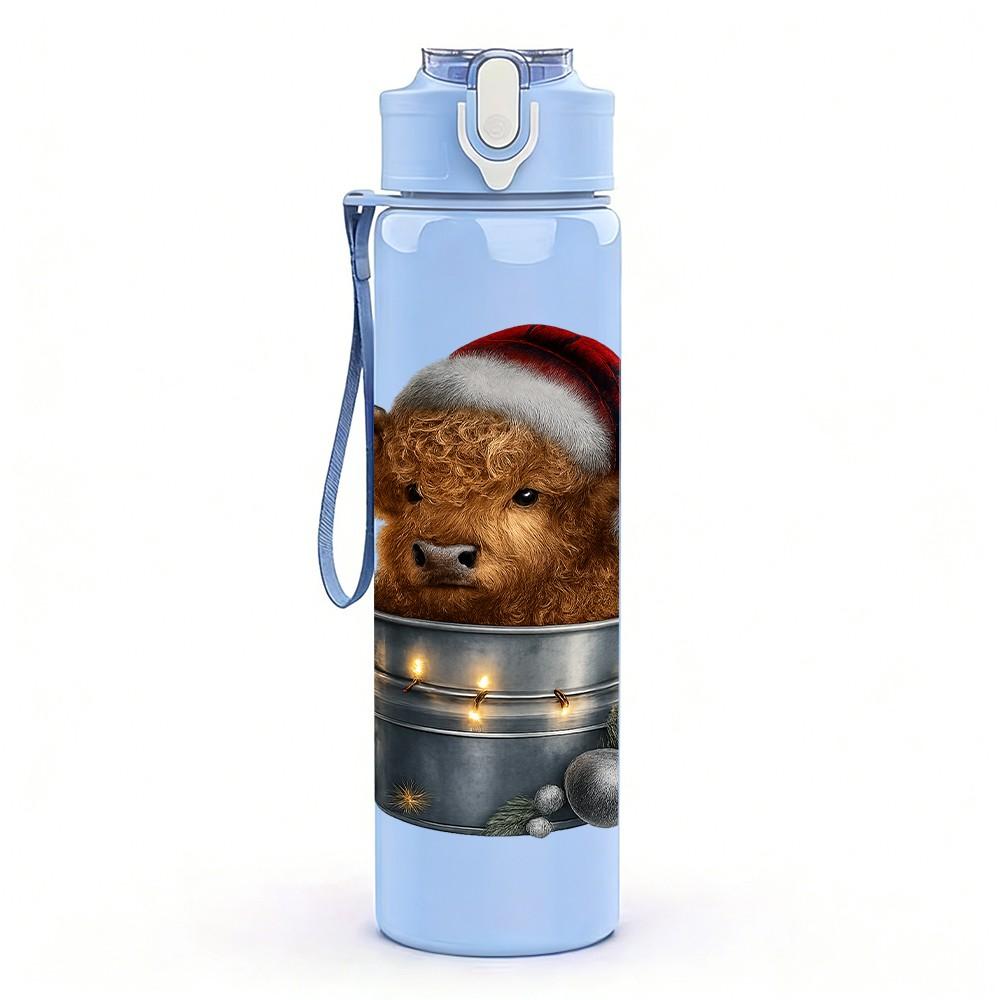 1PC Bear In Bucket Christmas 750ml Color Plastic Sports Water Bottle Leakproof Flip Straw Lid Suitable for Sports Office Home Use