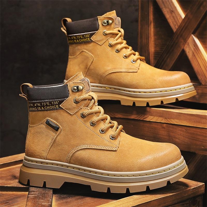 Men's Shoes Thick Soles Wear Raise Anti-slip Breathable Deodorant High Work Boots Leather Big Yellow Boots Plus Size Men's Boots