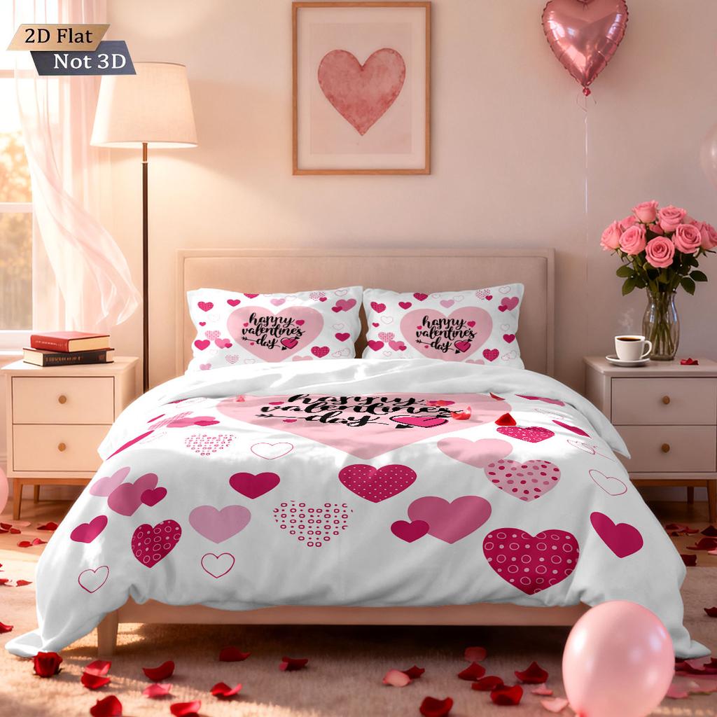 3pcs Valentine's Day Pink Romantic Love Printed Coreless Down Duvet Cover Set Multi Size Bedding Holiday Decoration