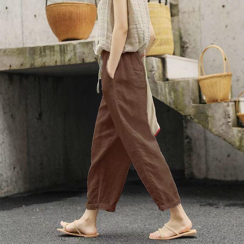 Women's Summer Linen  Loose Pocket Elastic Waist Wide Leg Retro Literary Casual Ninth Pants Suit Pants