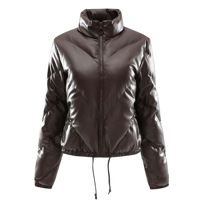 Moda feminina inverno casual fino algodão jaqueta gola de pele sintética e capuz casaco quente com capuz couro pu zíper