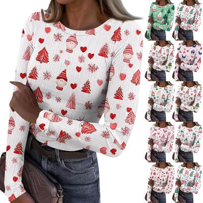 Women's Fashion Slim-Fit Round Neck Base Layer T-Shirt Christmas Print Long-Sleeved Top