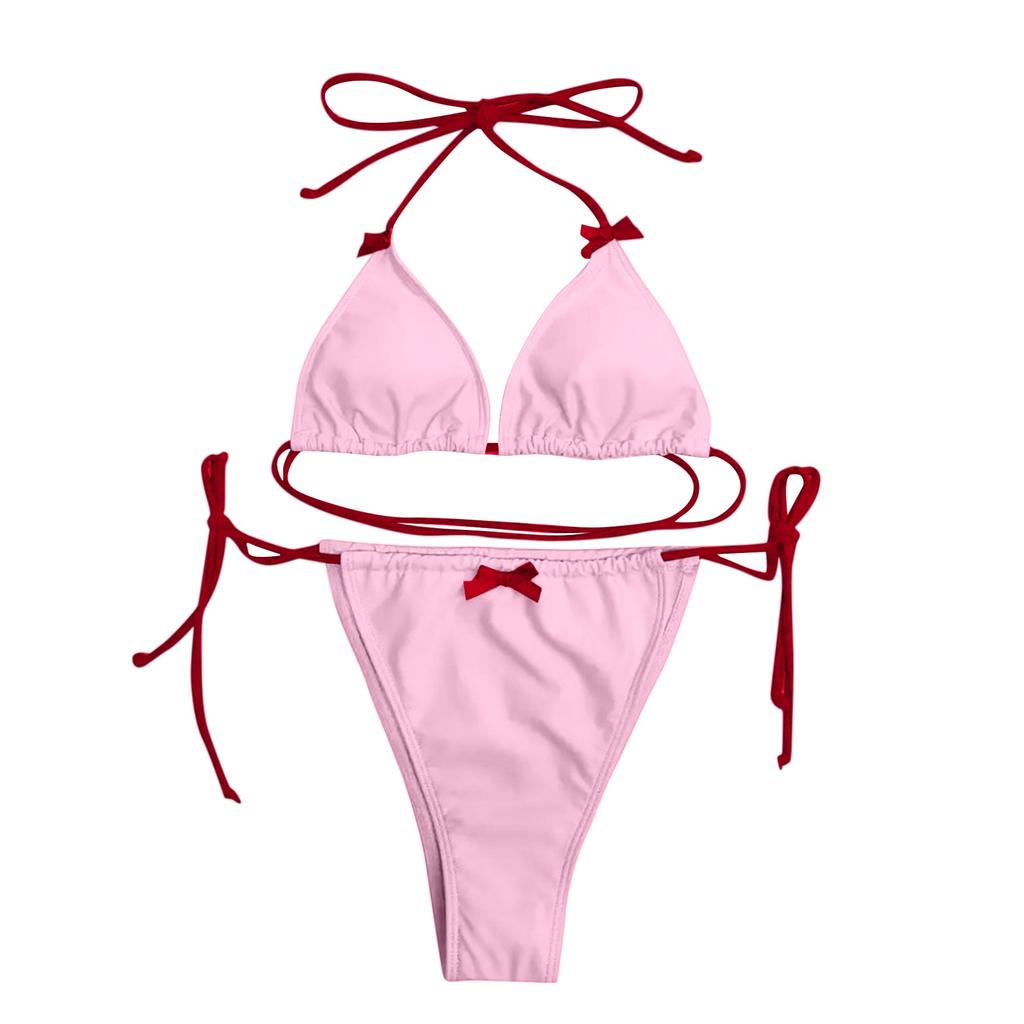 Women's Sexy Split Color Bikini SSwimsuit Bow Tie Swimsuit 2 Piece Set