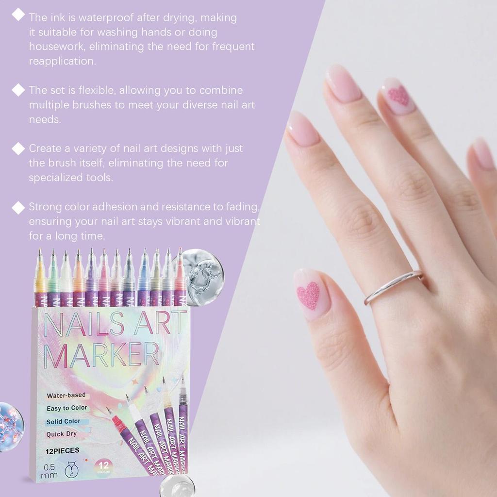 12 Colors Nails Art Markers Gel Polish Pens for Beginners DIY Manicure Design Salon Professional Nail Painting Kit with Fine Tip