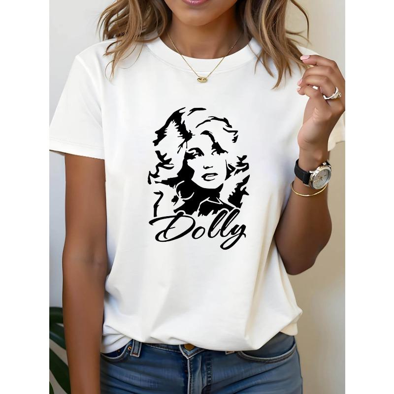 Women'S Casual Crew Neck T-Shirt with Dolly Graphic Print - Short Sleeve, Regular Length, Spring/Summer Top, White with Black Design