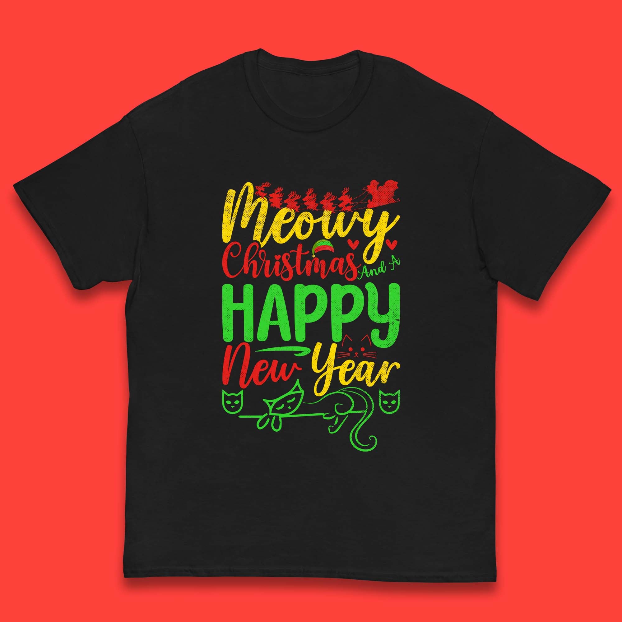 

Meowy Christmas And A Happy New Year Kids T Shirt Christmas Cat Top 120