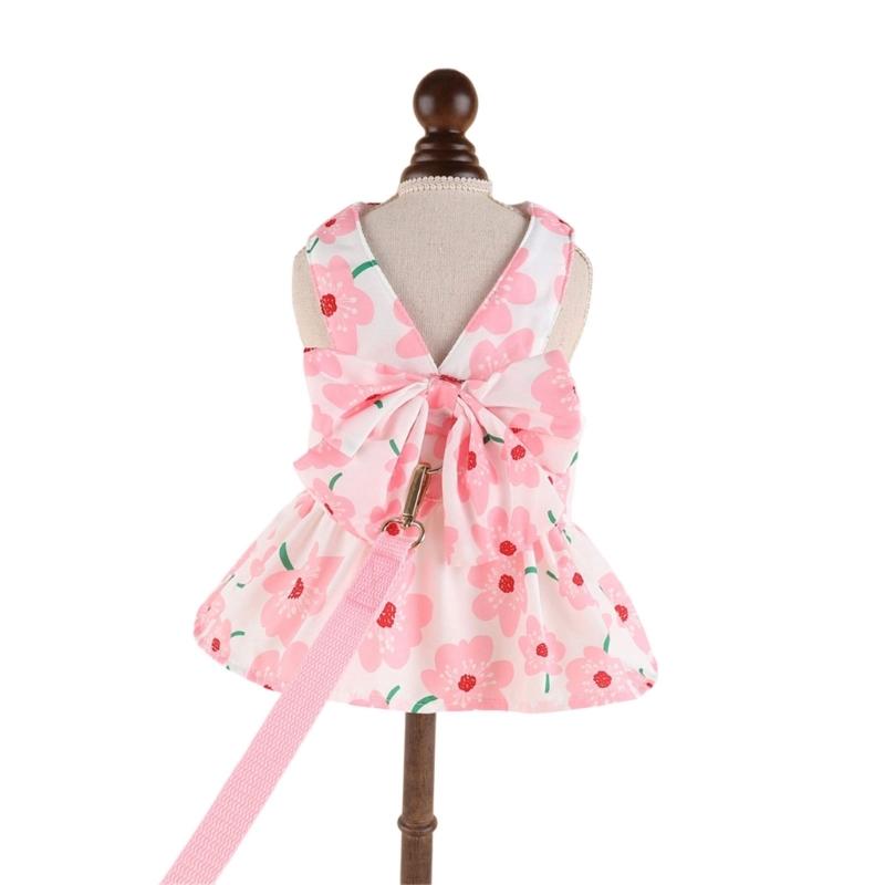 Lovely Strawberry Print Pet Dress Harnesses Holiday Washable Pet Costume with Bowknot and Matching Leashes