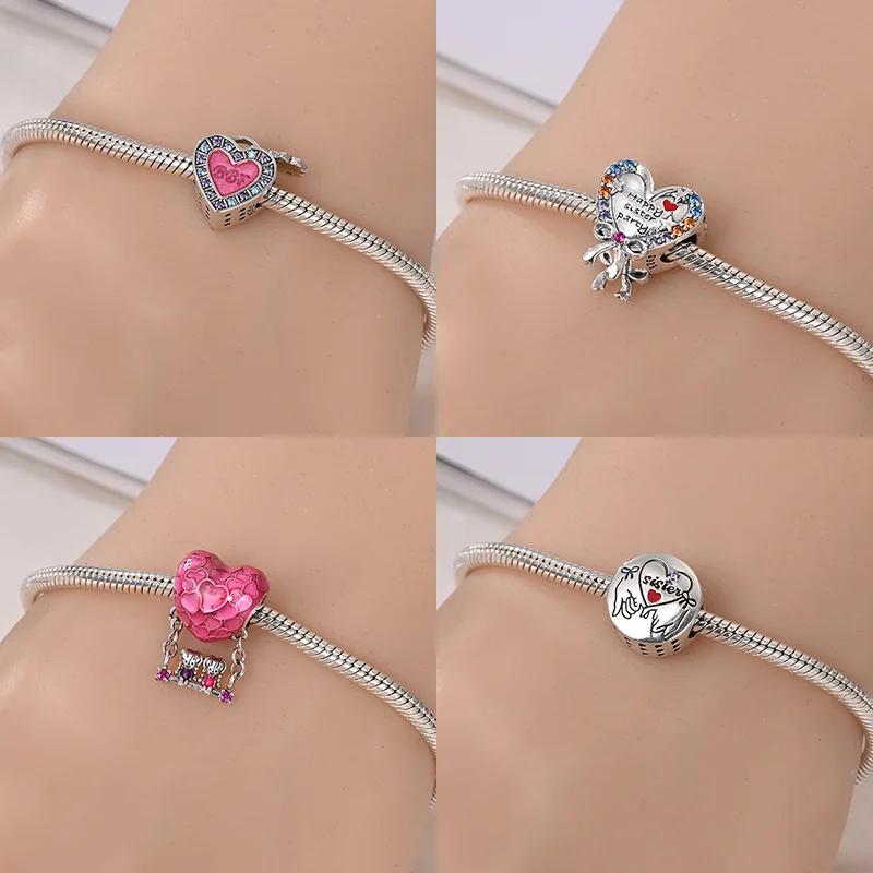 Copper Metal Sisters Friendship Series Pink Heart Charm Bead Component Forever Love Bead Components Compatible With Authentic Original Bracelet High