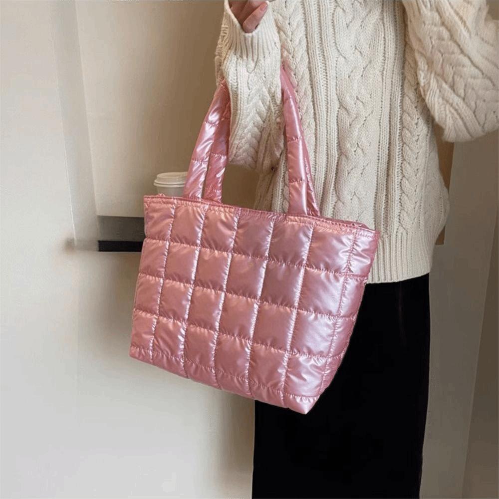 Korean Style Down Cotton Shoulder Bag Checkered Nylon Handbag Simple Puffy Bag  Autumn Winter