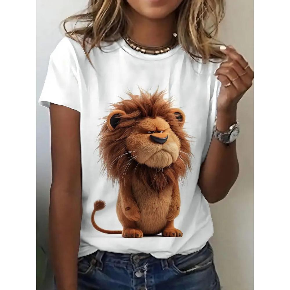 Women's T-shirt Funny Animal Lion 3D Print Summer Crew Neck Short Sleeve Outdoor Casual T Shirts Female Women Clothing Pullover