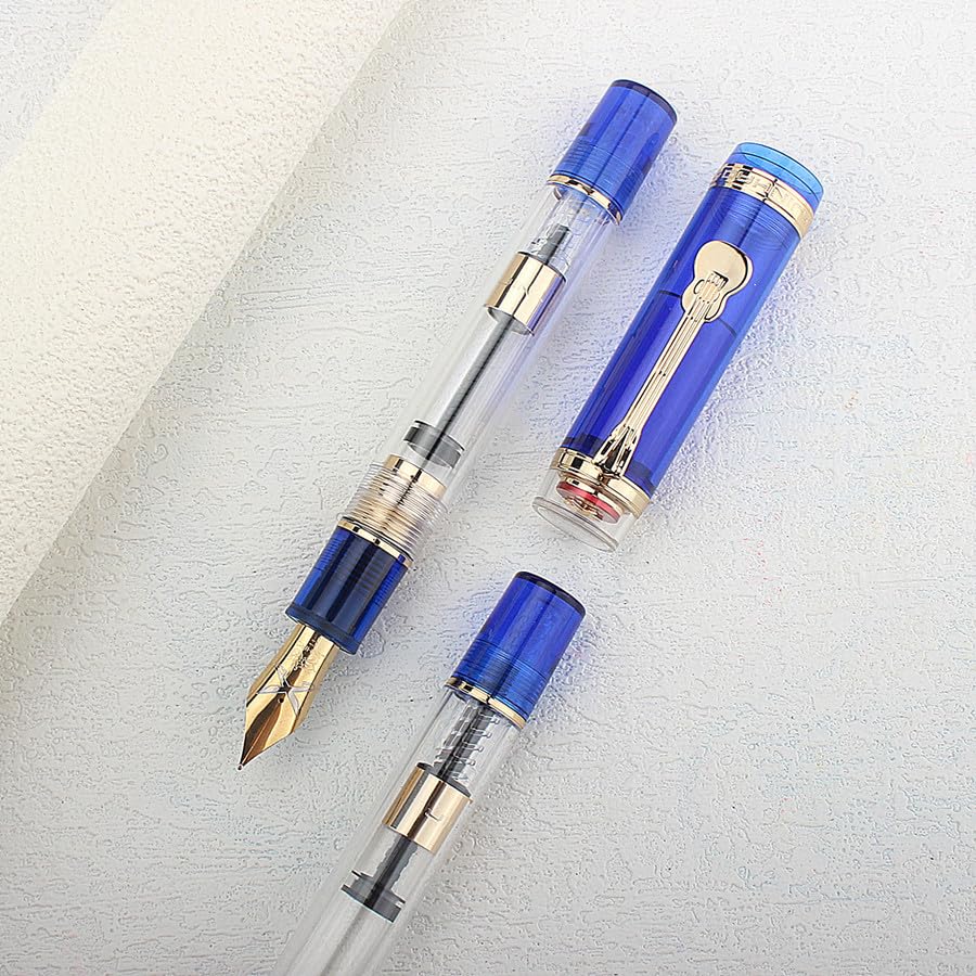 Ranvi Jinhao Tiandao 1935 Fountain Pen #8 Fine Sword Nib, Blue and Clear Acrylic, with Large Converter and Guitar Clip