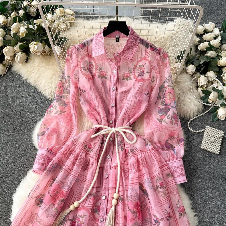 Summer Holiday Beach Long Dress Women's Lapel Long Lantern Sleeve Floral Print Sashes Lace Up Chiffon Loose Dresses