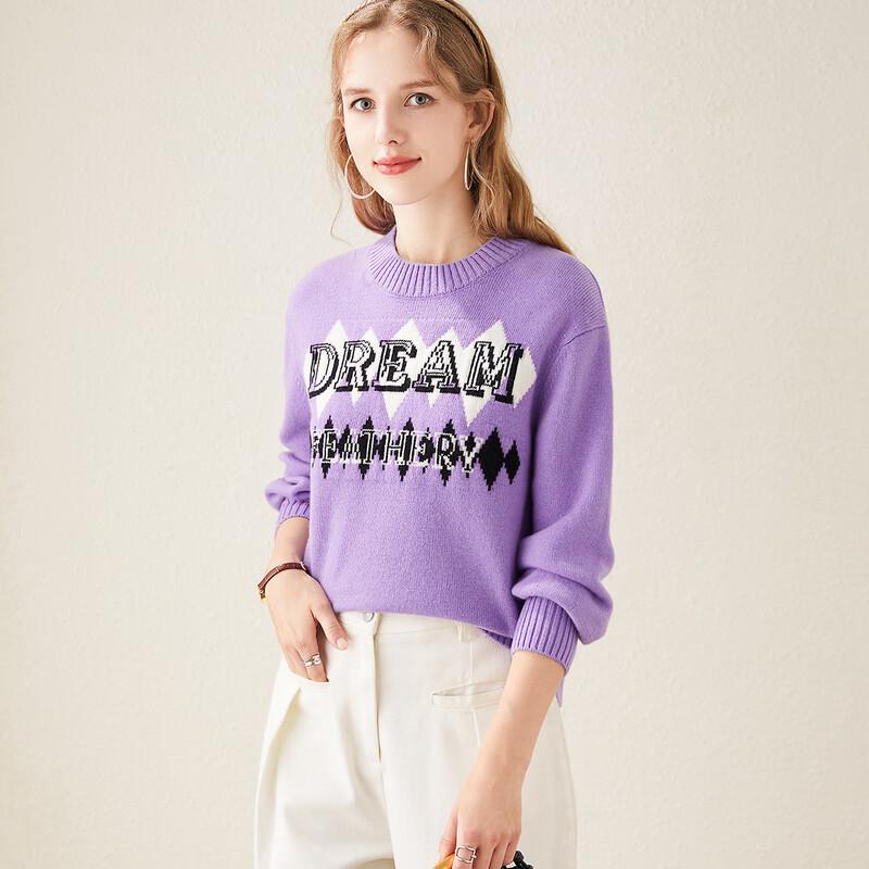 TUHUANG Women's Thick Pure Wool Letter Jacquard Round Neck Sweater