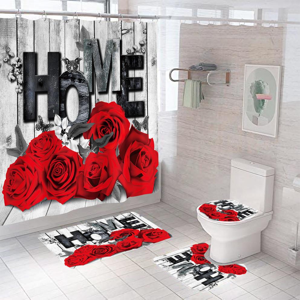 3D Cyfrowy Nadruk Róża Zasłona Prysznicowa Łazienkowa, Zestaw Trzyczęściowy Czteroczęściowy
