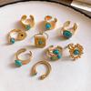 18K Real Gold Electroplated Stainless Steel Turquoise Texture Cuff Rings Retro Ethnic Style Ring Fashion Hand Zircon Women
