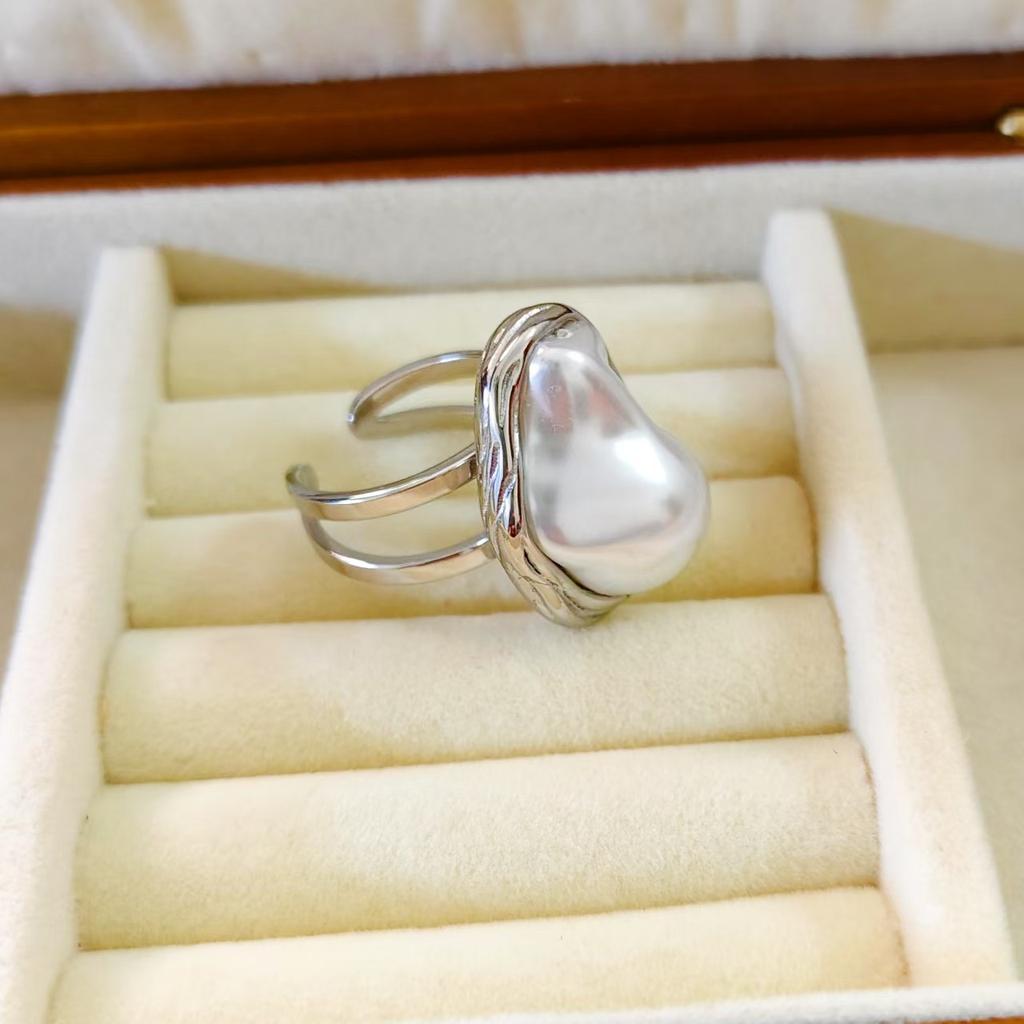 Stainless Steel Baroque Pearl Open Ring Women's Fashion Ring