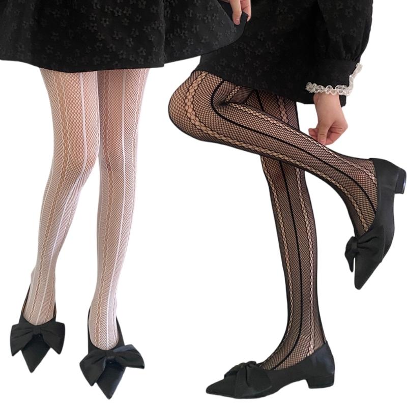 Women See Through Fishnet Mesh Pantyhose Stockings Japanese Aesthetic Hollowed Vertical Striped Pattern Tights Leggings