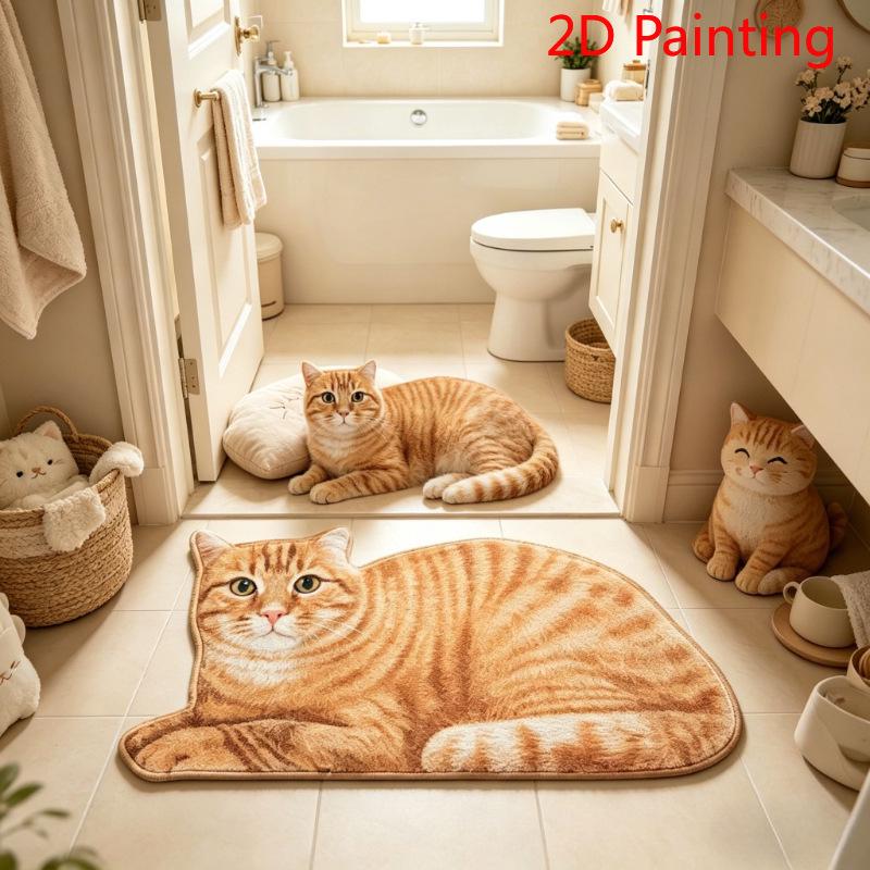 3D Cartoon Cat Faux Cashmere Floor Mat for Indoor Use - Water Absorbing, Dirt Resistant Foot Mat for Bathroom or Entrance.
