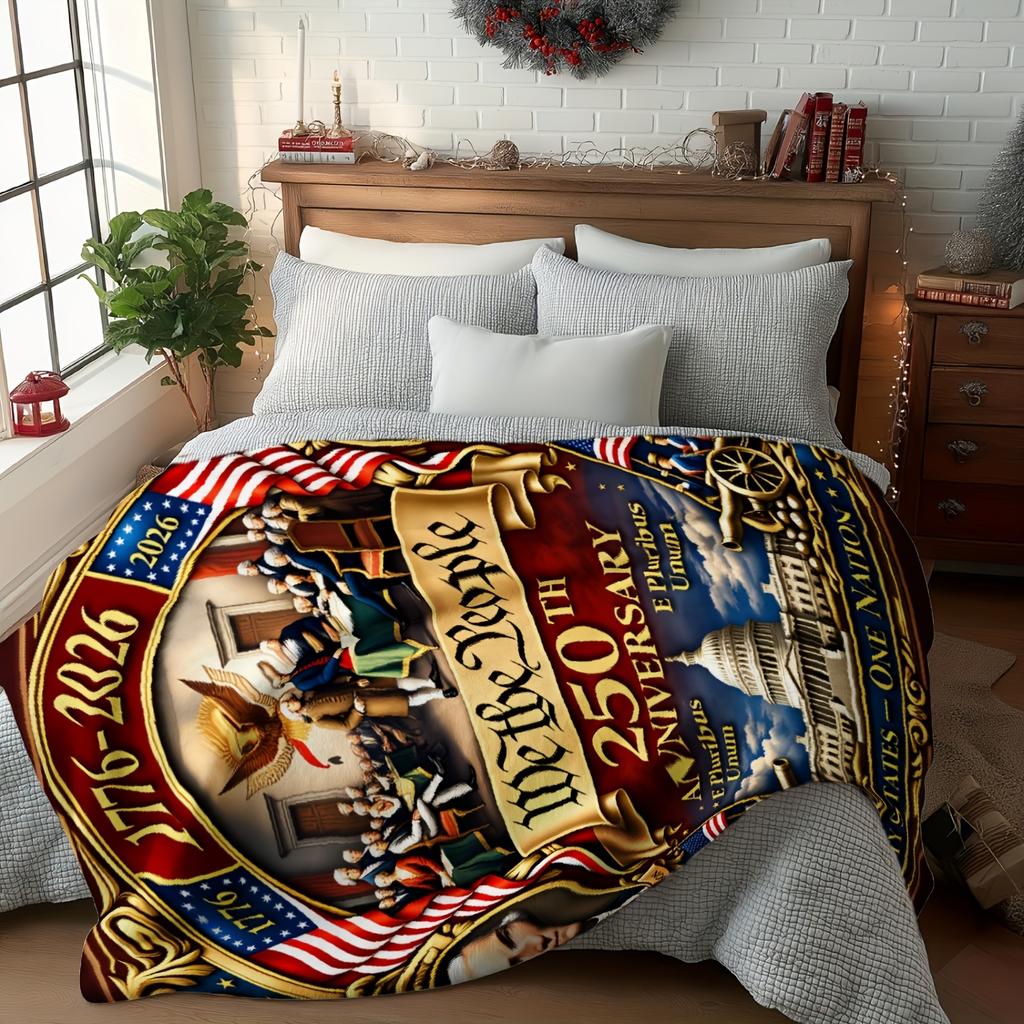 1Pc 250-Th Anniversary Of American Blanket Flannel Printed Blanket For Camping&Travel Suitable For Sofa Bedroom Living Room Bed