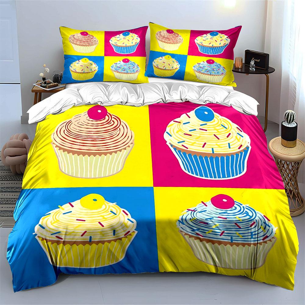 Colorful Pop Art Cupcake Print Bedding Duvet Cover Set Duvet Cover Pillowcases (1*Duvet Cover 2*Pillowcases, without duvet insert)
