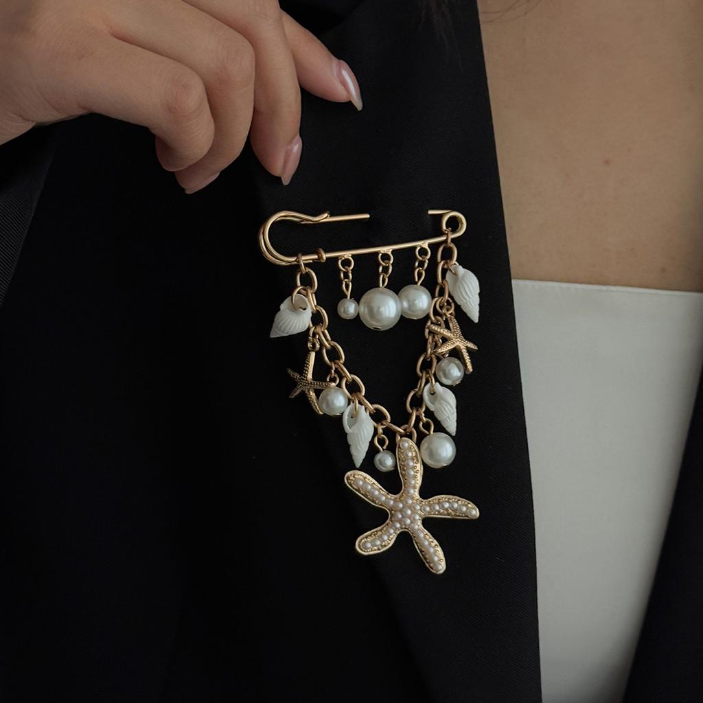 Salircon Bohemian Starfish Conch Imitation Pearl Pendant Brooches for Women Functional Detachable Suits Pin Accessories Jewelry