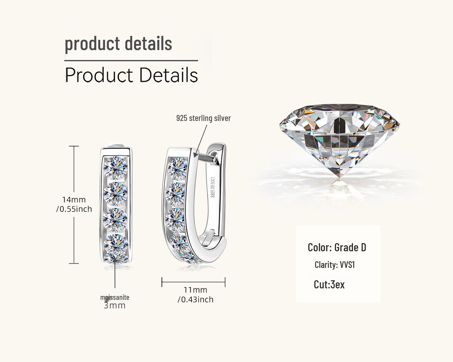 

Элегантные серебряные серьги-подвески U-образной формы с муассанитами - Сладкий и крутой стиль 0.5 Carat + 0.5 Carat белый