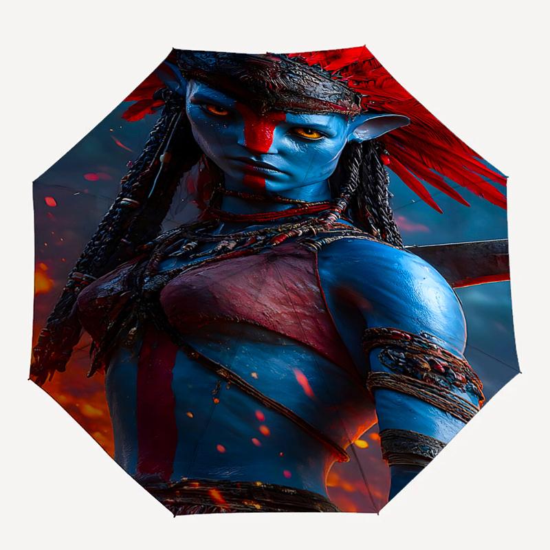 Avatar Inspired Feather Headdress with Automatic Opening Umbrella Portable 3 Fold Design, 8 Bone Iron Frame Outdoor Umbrella for Fans and Tr