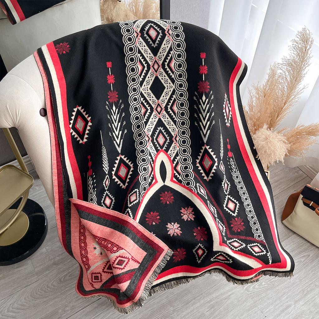 Temperament la modă gros cald eșarfă exterioară eșarfă cu model franțuzesc literar și retro șal dulce cu franjuri